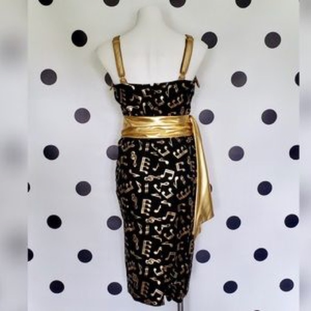 Pinup Couture Gold & Black Music Notes Wiggle Dress. Downtown Dames. - Picture 5 of 7